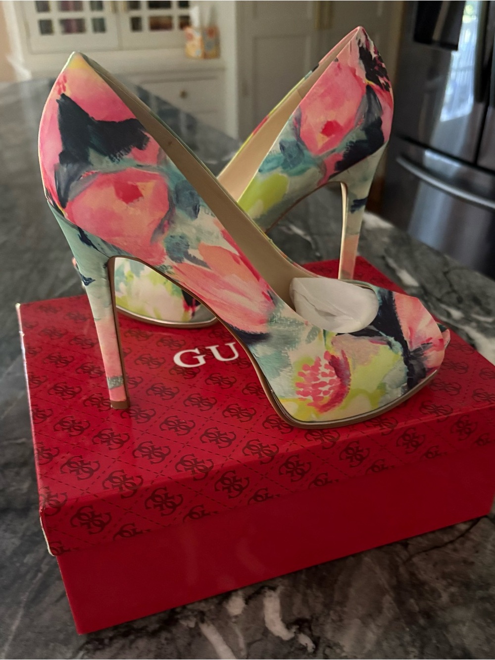 Guess Floral Peep-Toe Stiletto Heels - Pink Multi